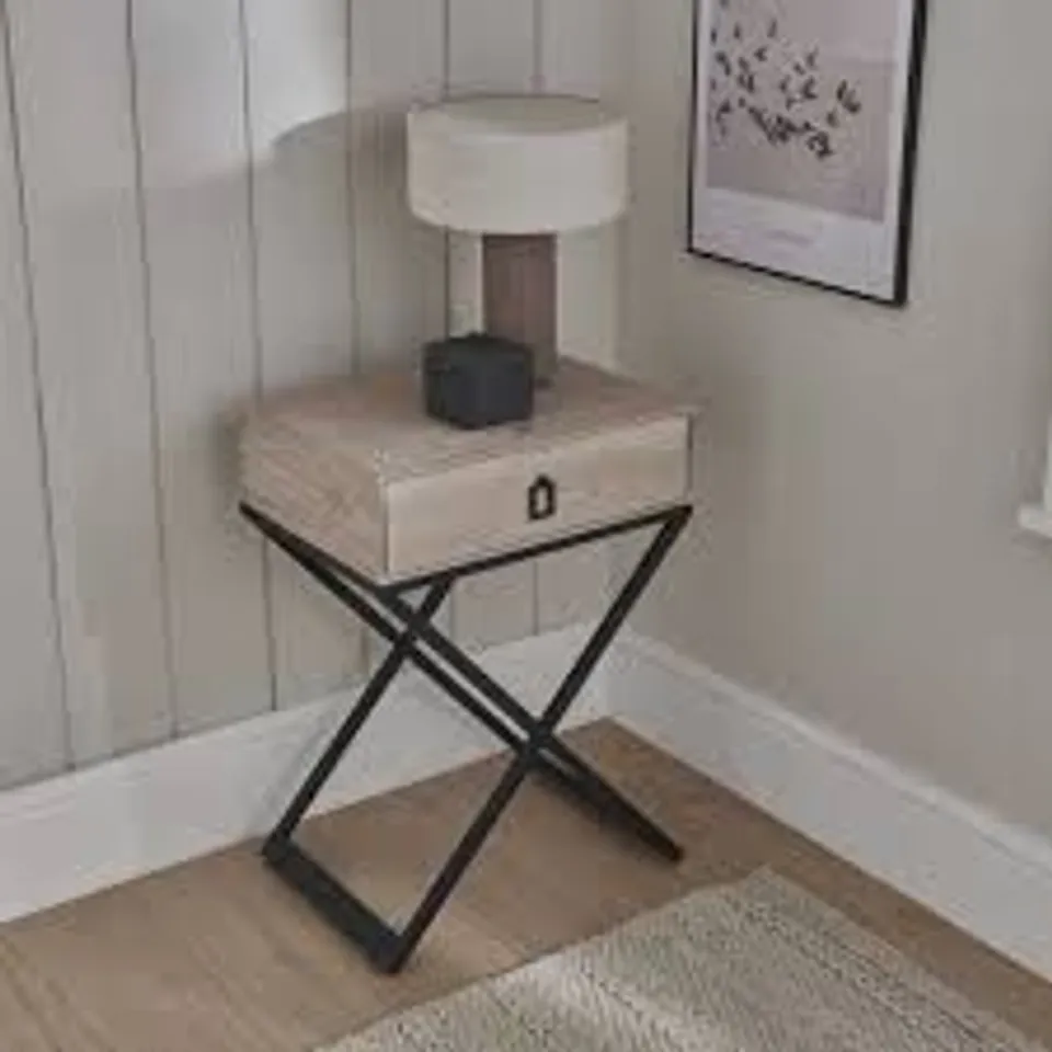 BRAND NEW BOXED HOMES DIRECT 365 NATURAL WOOD CROSSED LEGGED BEDSIDE TABLE WITH BLACK LEGS