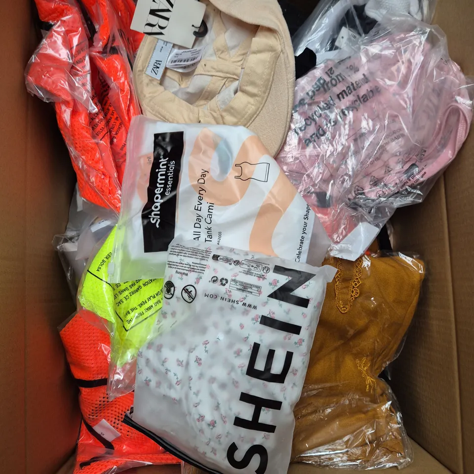 LARGE BOX OF ASSORTED CLOTHING ITEMS IN VARIOUS SIZES, STYLES AND COLOUR 