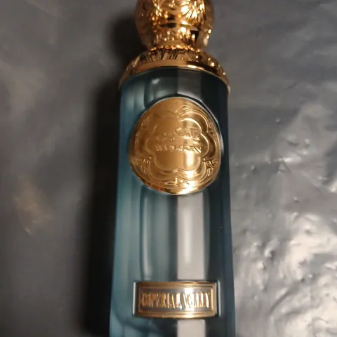 WARM KISS IMPERIAL VALLEY FRAGRANCE BOTTLE, BLUE GLASS WITH ORNATE GOLD CROWN CAP 