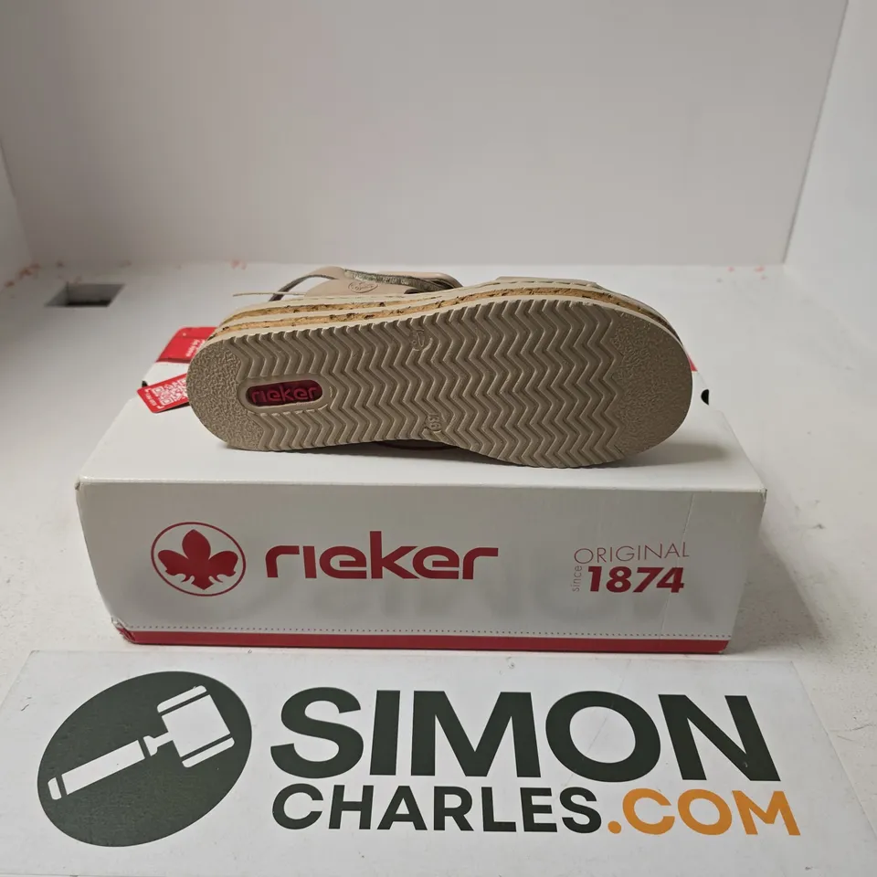 BOXED PAIR OF RIEKER 62950-62 WOMENS BUCKLE WEDGE SANDALS IN BEIGE - UK 3.5