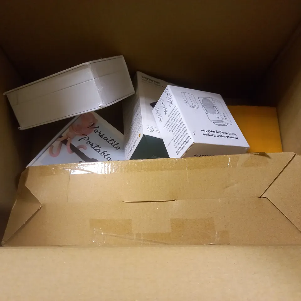 BOX OF APPROXIMATELY 5 ASSORTED ITEMS TO INCLUDE TEETH WHITENING KIT, BLOOD PRESSURE MONITOR, PORTABLE FAN ETC