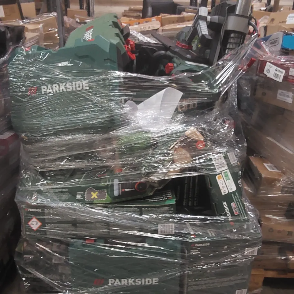PALLET CONTAINING A VERY LARGE QUANTITY OF ASSORTED PARKSIDE TOOLS INCLUDING: ELECTRIC SAW, HEAT GUN, SOLDERING STATION, PRESSURE WASHER ECT