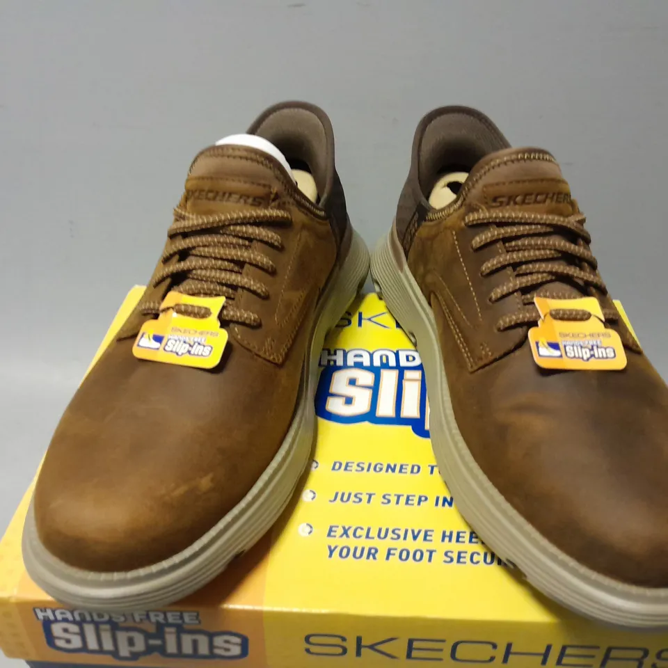 BOXED PAIR OF SKECHERS SLIP-INS GARZA GERVIN IN BROWN - UK 9.5