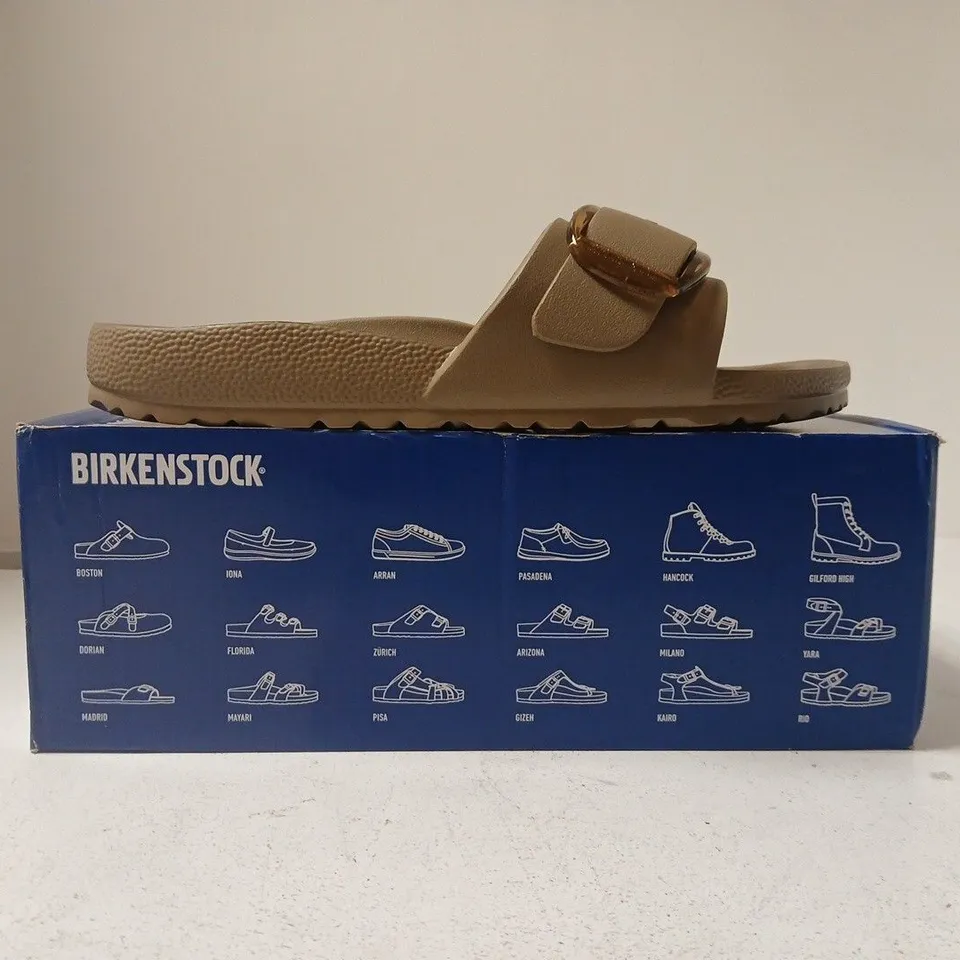 BOXED PAIR OF BIRKENSTOCK MADRID BIG BUCKLE SANDALS IN GRAY TAUPE SIZE UK 7.5