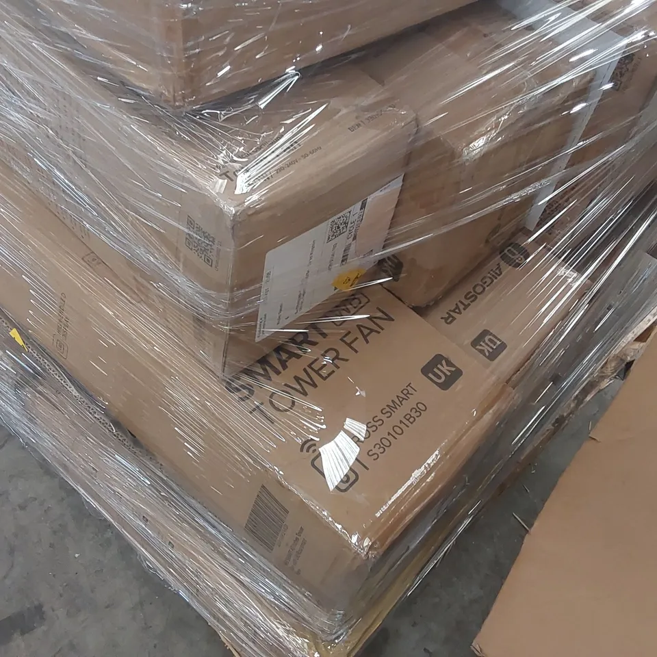 PALLET CONTAINING A LARGE ASSORTMENT OF CONSUMER PRODUCTS INCLUDING: SMART TOWER FANS, STAND FANS ECT