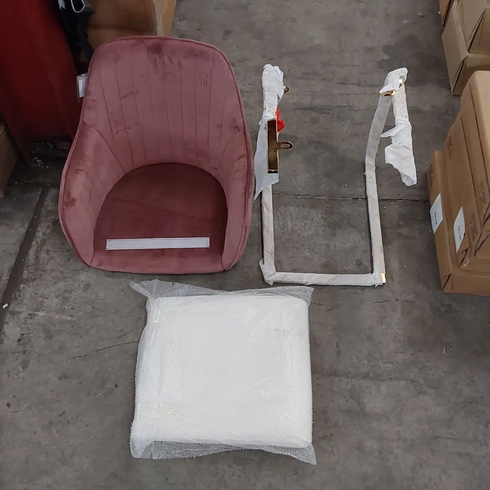 BRAND NEW ASSORTMENT OF CHAIR PARTS TO INCLUDE; 1X CHAIR BACK, 1X CHAIR LEGS, 1X CHAIR CUSHION (3 ITEMS)