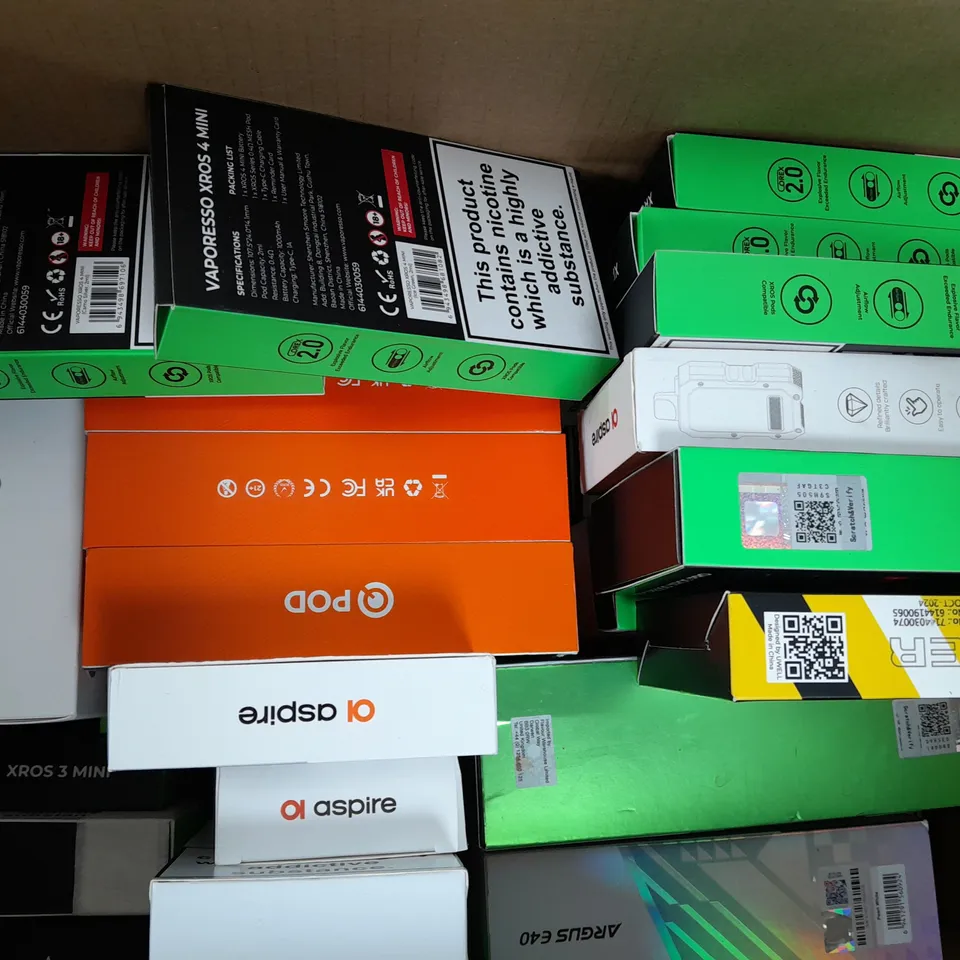 BOX OF APPROXIMATELY 20 ASSORTED E-CIGARETTE/VAPING PRODUCTS - MAKES, MODELS, COLOURS, AND STYLES VARY - COLLECTION ONLY