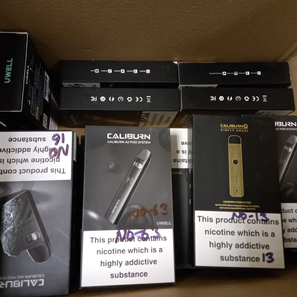 BOX OF APPROX 25 SMOKING ITEMS TO INCLUDE CALIBURN POD SYSTEMS