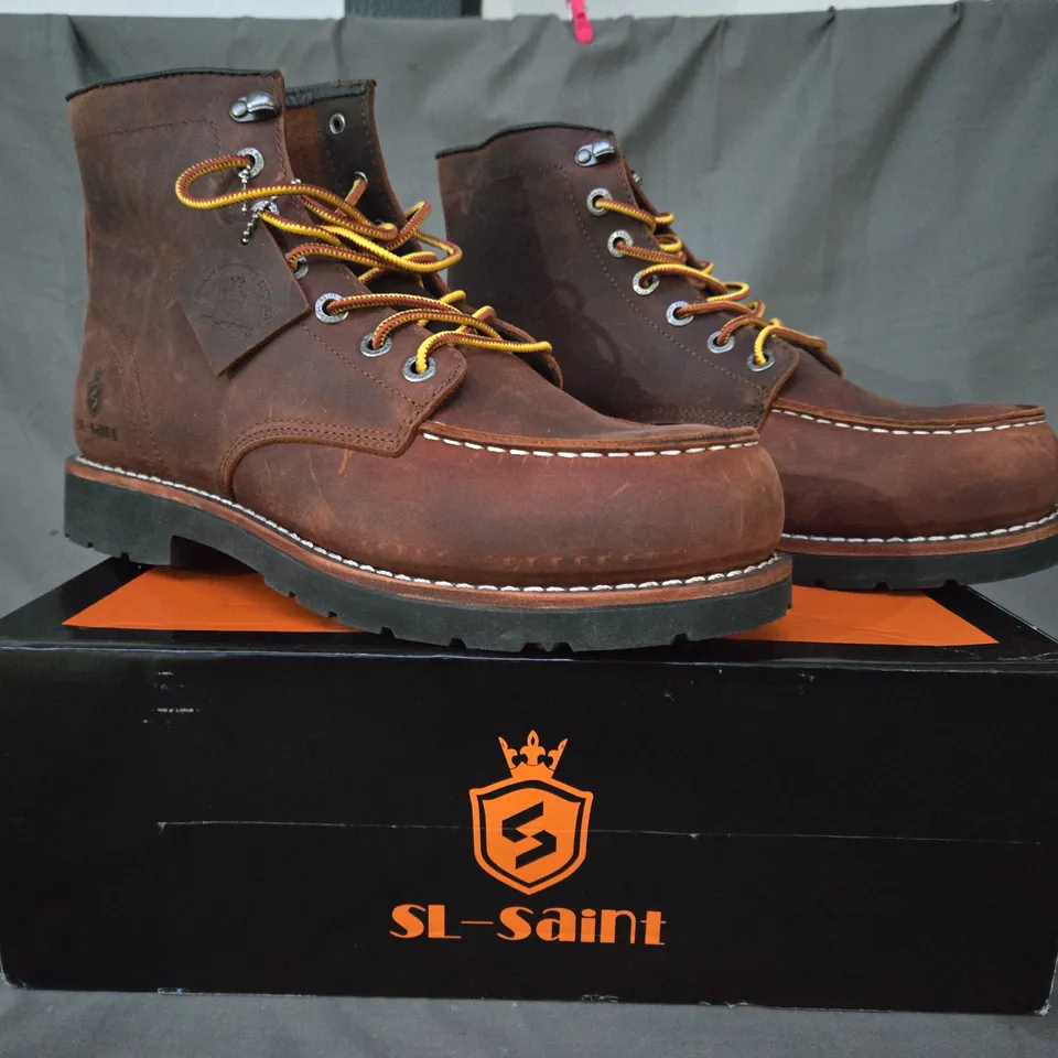 BOXED PAIR OF SL-SAINT ANKLE BOOTS IN BROWN UK SIZE 12