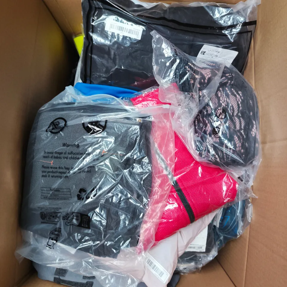 LARGE BOX OF APPROXIMATELY 25 ASSORTED CLOTHING ITEMS IN VARIOUS COLOURS, STYLES AND SIZES - COLLECTION ONLY