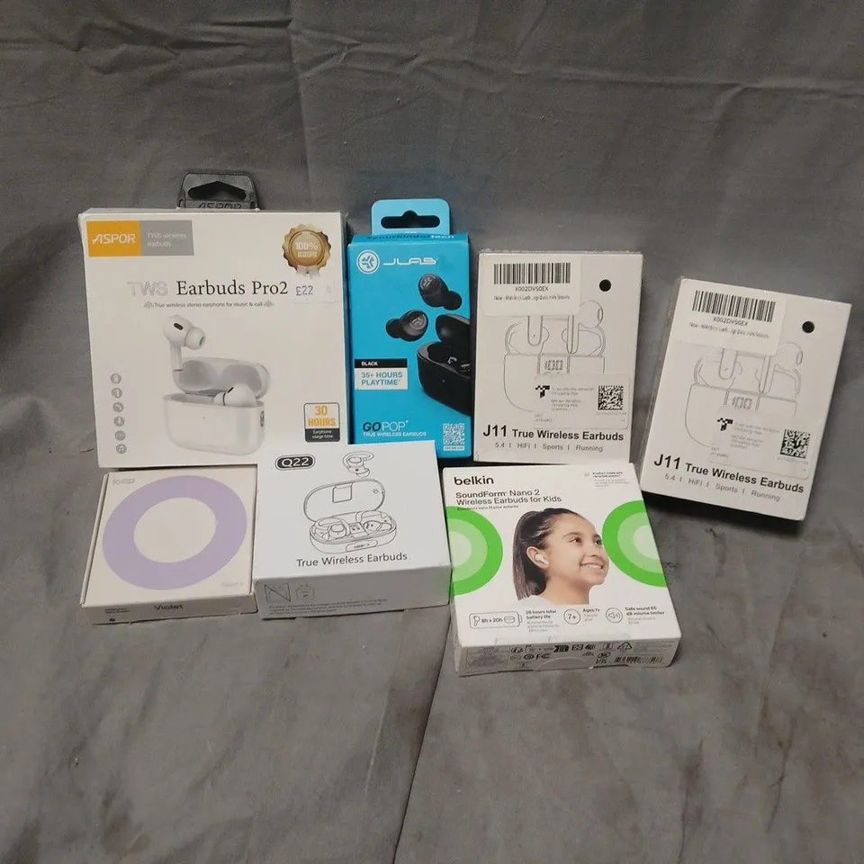APPROXIMATELY 12 ASSORTED AUDIO BASED PRODUCTS TO INCLUDE JLAB GOPOP, BELKIN SOUNDFORM NANO 2, TWS EARBUDS PRO 2, ETC