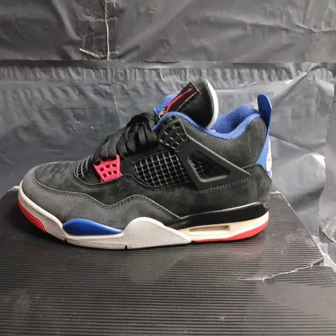 AIR JORDAN 4 RM SP SNEAKERS – BLACK SUEDE WITH BLUE LINING, RED ACCENTS, UK 6 (US 7) 