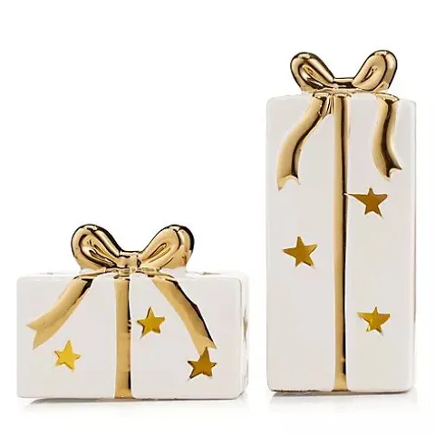 HOME STORIES SET OF 2 PRE LIT WHITE CERAMIC GOLD BOW PRESENT DECOR