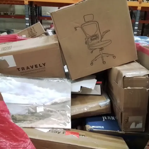 PALLET CONTAINING VARIOUS ASSORTED BOXED HOUSEHOLD ITEMS TO INCLUDE: OFFICE CHAIR, CANVAS PRINT, BABY PLAYPEN, CARRY ON LUGGAGE CASE AND LOTS MORE UNMARKED BOXED ITEMS