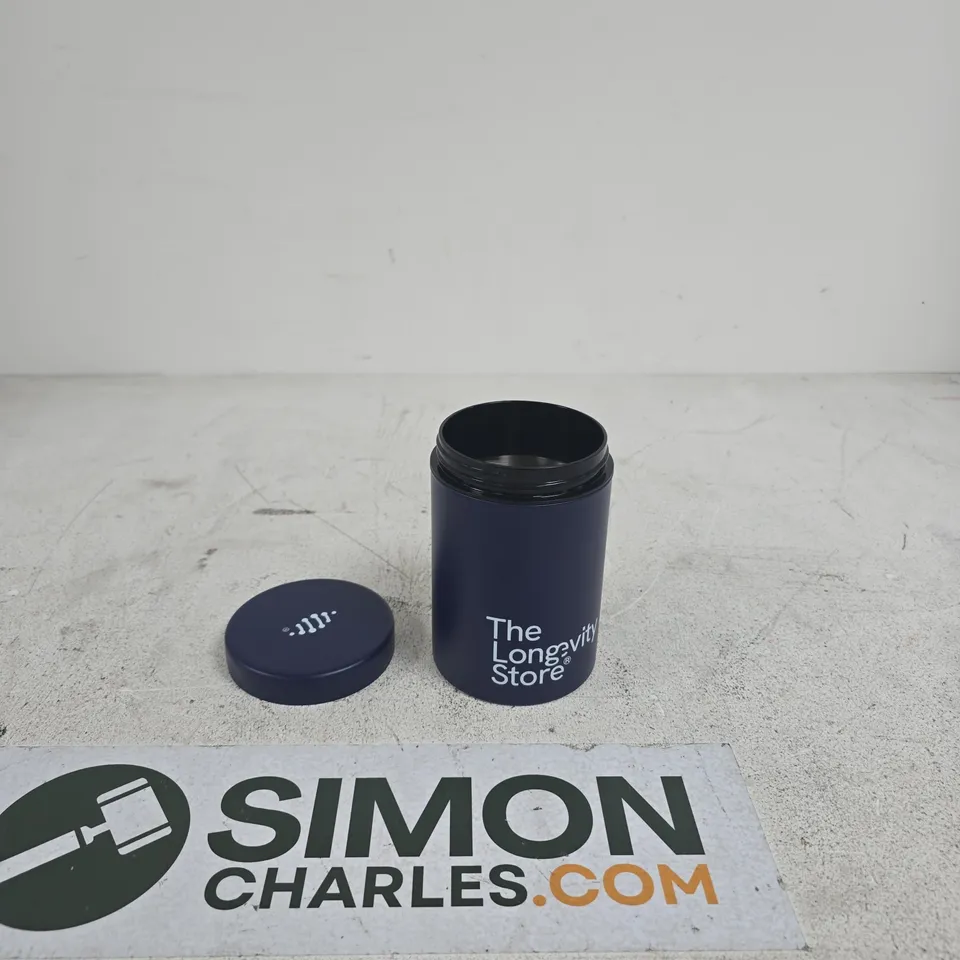 THE LONGEVITY STORE BLUE CYLINDRICAL CONTAINER