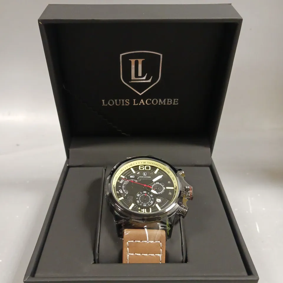 MENS LOUIS LACOMBE CHRONGRAPH WATCH – 3 SUB DIALS – BLACK CASE – LEATHER STRAP