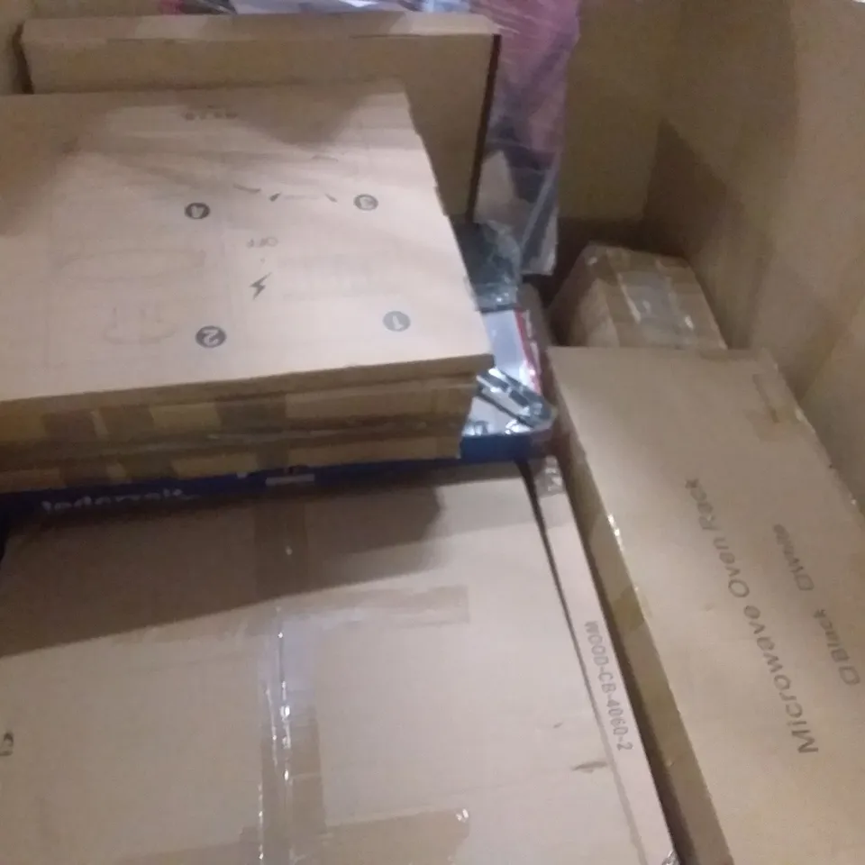 PALLET OF ASSORTED ITEMS INCLUDING ECO-WORTHY HIGH EFFICENCY SOLAR MODULE, HIRONPAL OFFICE CHAIR, AIR COOLER, HORNFEL MARTELLO PATIO HEATER, COMOMA OFFICE CHAIR, MICROWAVE OVEN RACK