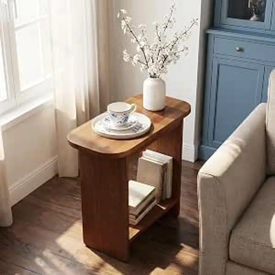 BOXED SOLID WOOD SIDE TABLE H-SHAPED 2 TIER TABLE WITH SHELF, NARROW BEDSIDE TABLE IN COUNTRY STYLE FOR LIVING ROOM, BEDROOM, SOFA AND ARMCHAIR, EASY ASSEMBLY, NATURAL BROWN