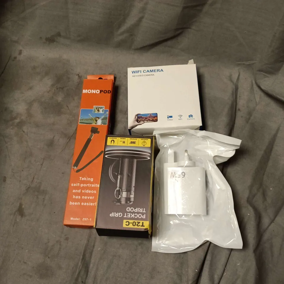 APPROXIMATELY 15 ASSORTED ELECTRICAL ITEMS TO INCLUDE WIFI CAMERA, MONOPOD, POCKET GRIP TRIPOD, PLUG ADAPTER ETC