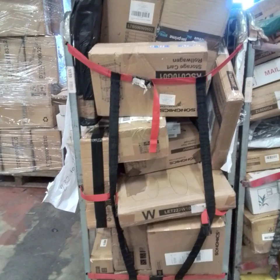 CAGE OF ASSORTED HOUSEHOLD GOODS AND PRODUCTS TO INCLUDE;SIDE TABLE,STORAGE CART,LAUNDRY HAMPER,SHOE RACK