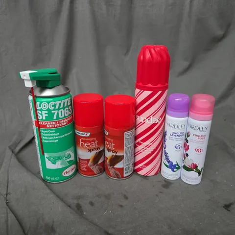 APPROXIMATELY 20 ASSORTED AEROSOLS TO INCLUDE MASSAGING HEAT SPRAY, LOCTITE SF 7063 SUPER CLEAN, SUNDAE CANDY CANE SHOWER FOAM, ETC - COLLECTION ONLY