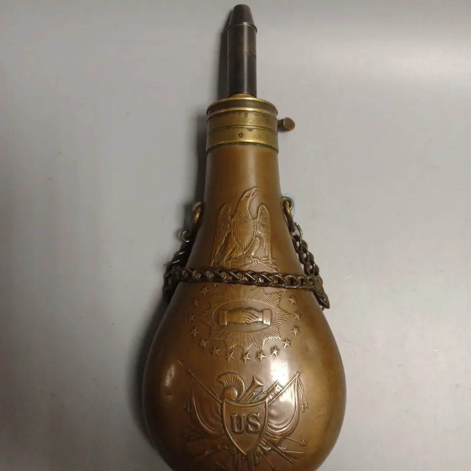 1847 BATTY PEACE BRASS POWDER FLASK