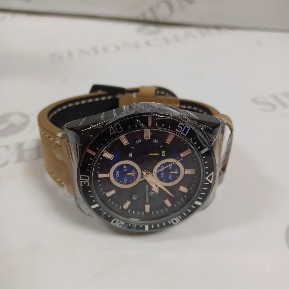 MENS LOUIS LACOMBE CHRONGRAPH WATCH – 3 SUB DIALS – BLACK CASE – LEATHER STRAP
