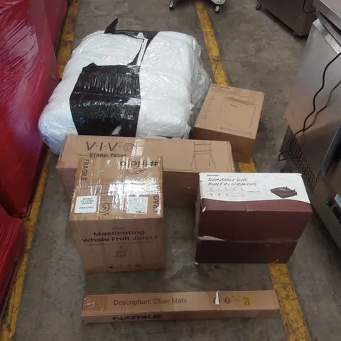 PALLET OF ASSORTED ITEMS INCLUDING: MATTRESS, MASTICATING WHOLE FRUIT JUICER, TURNTABLE WITH BUILT-IN SPEAKERS, CHAIR MAT, SMART AIR PURIFIER ECT