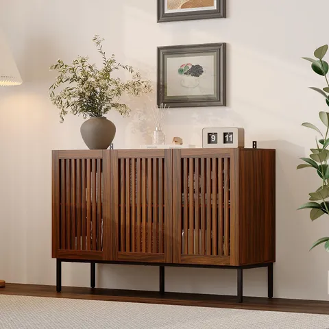 BOXED SIDEBOARD WITH 3 SLATTED DOORS, BUFFET STORAGE CABINET WITH ADJUSTABLE SHELVES, WOODEN STORAGE CABINET FOR LIVING ROOM DINING ROOM, WALNUT FINISH, 39 DΓ120WΓ80H CM