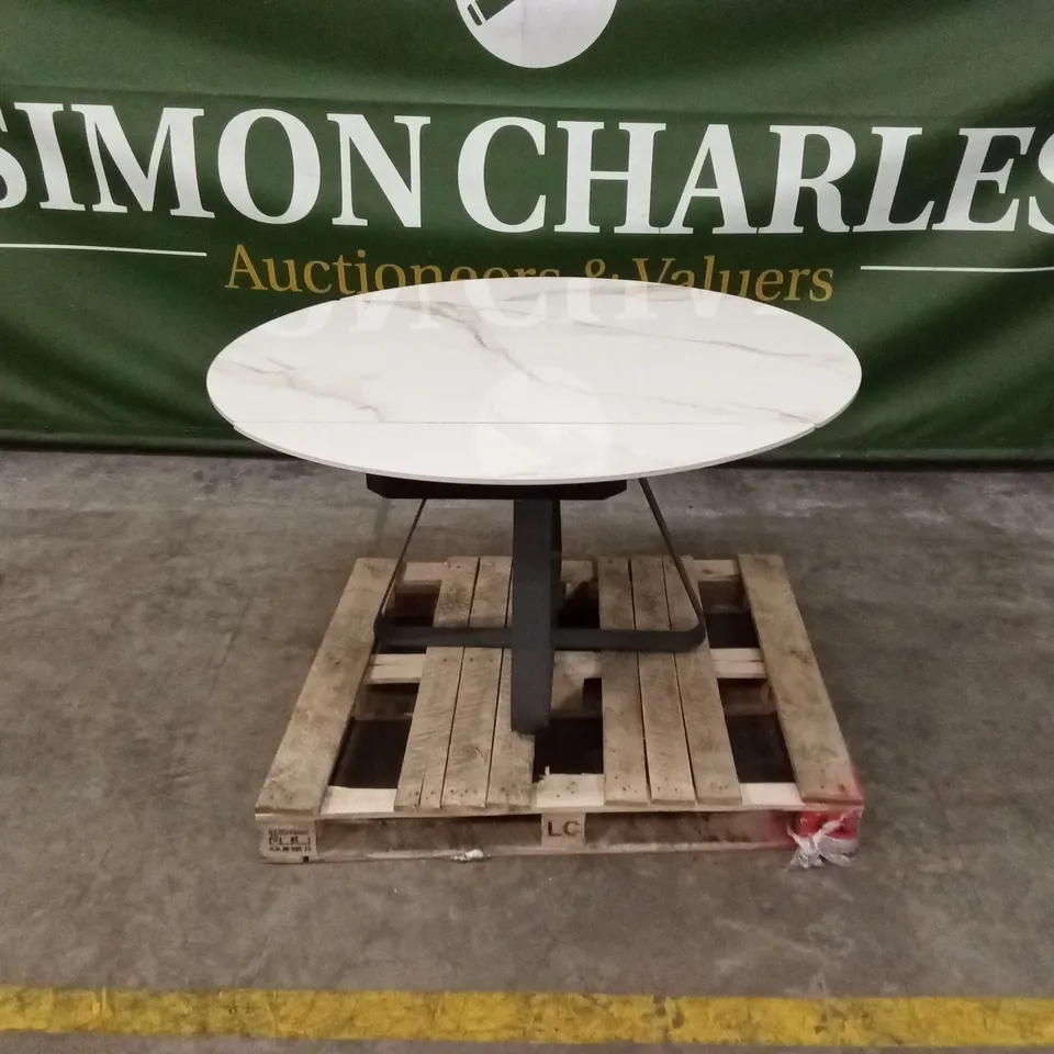 QUALITY DESIGNER ROUND EXTENDABLE DINING TABLE WITH WHITE MARBLE EFFECT TOP