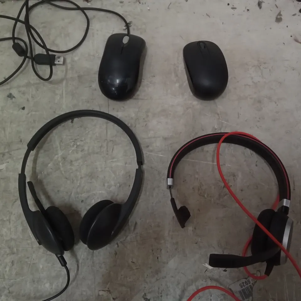 BOX OF ASSORTED HEADSETS & COMPUTER MICE