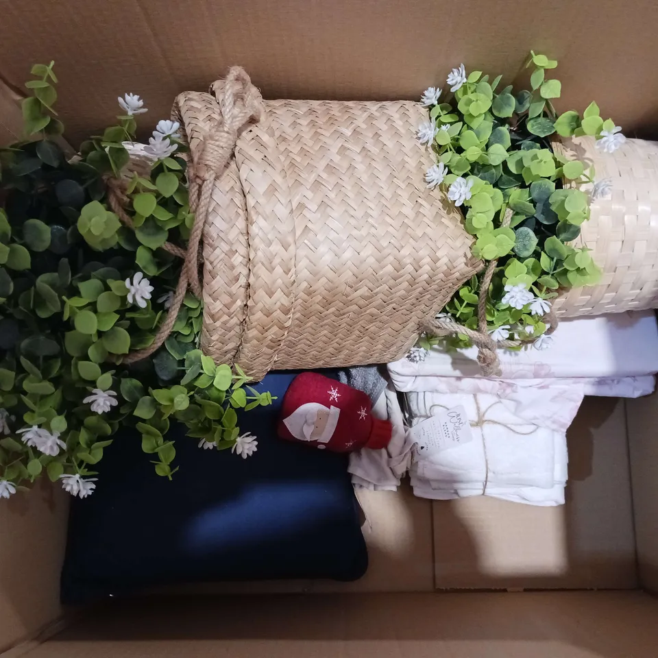 BOX OF APPROXIMATELY 12 ASSORTED HOUSEHOLD ITEMS TO INCLUDE - DECORATIVE PLANTS, MANCHESTER UNITED PLUSH BALL, AND CREEPER SQUISHY ETC. 