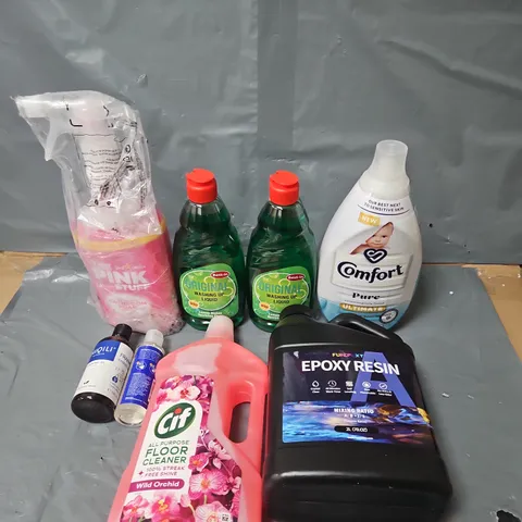 BOX OF ASSORTED HOUSEHOLD ITEMS TO INCLUDE WASHING UP LIQUID, EPOXY RESIN AND CIF