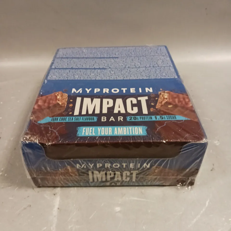 BOXED SEALED MYPROTEIN IMPACT BARS - DARK CHOCOLATE & SEA SALT - 12 X 64G