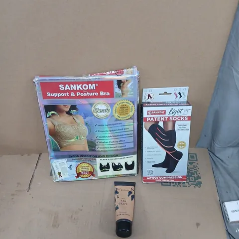 LARGE QUANTITY OF ASSORTED ITEMS TO INCLUDE ACTIVE COMPRESSION SOCKS, SUPPORT & POSTURE BRA, WILD FIG & GRAPE HAND CREAM, ETC - COLLECTION ONLY