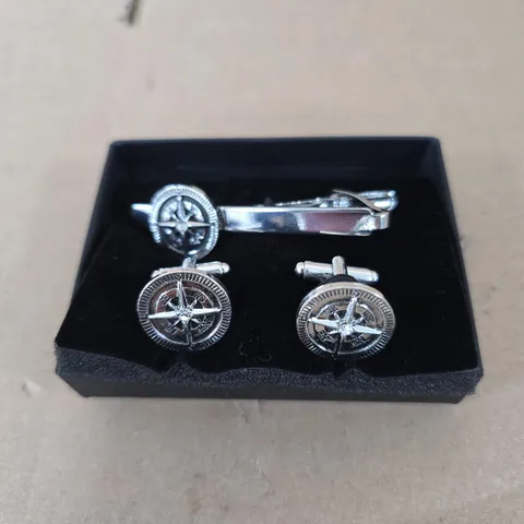 SILVER-TONE COMPASS CUFFLINKS & TIE CLIP SET
