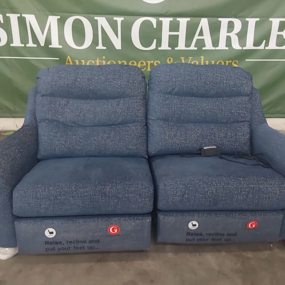 QUALITY BRITISH DESIGNER G PLAN POWER RECLINING TWO SEATER SOFA BLUE FABRIC