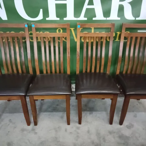SET OF 4 WOODEN DINING CHAIRS WITH BLACK FAUX LEATHER SEAT PADS