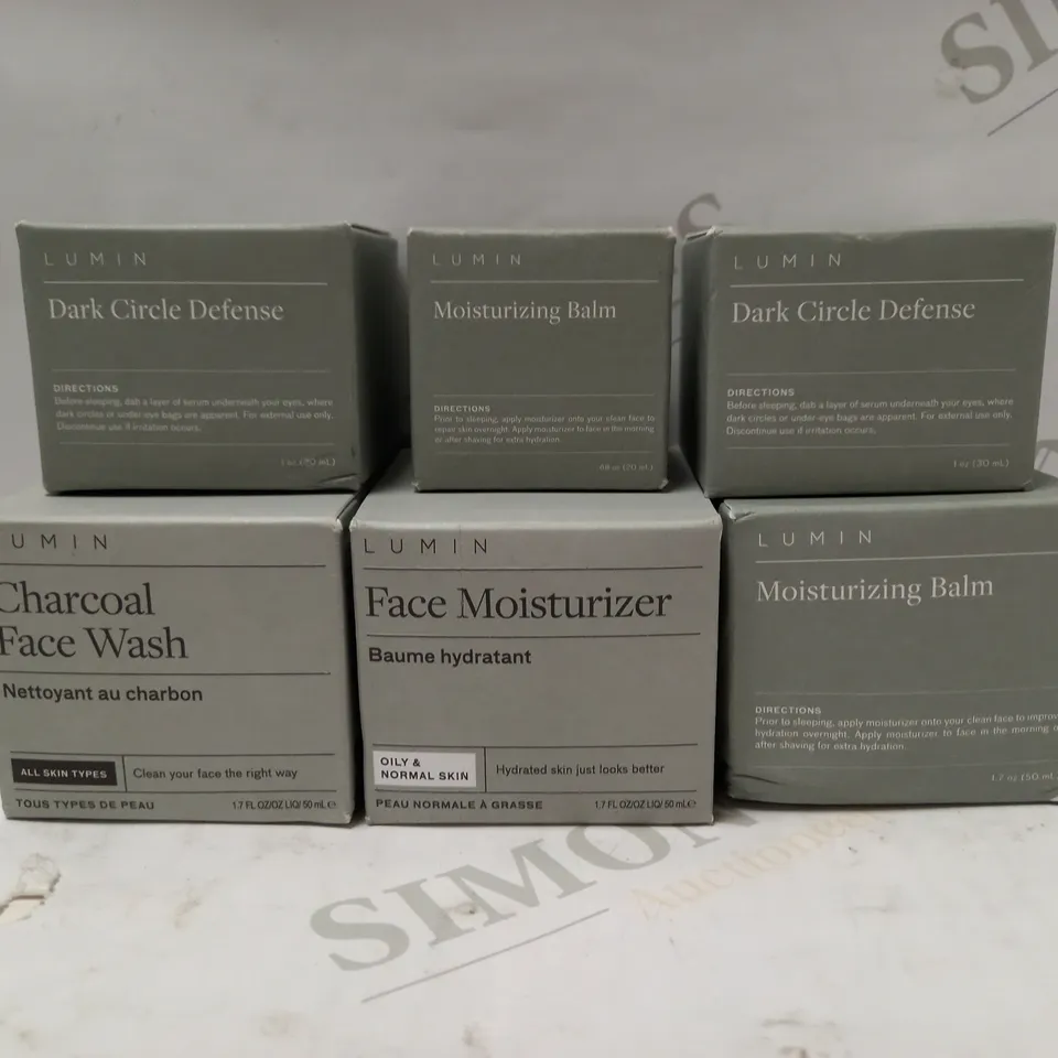 LOT OF 6 ASSORTED LUMIN PRODUCTS TO INCLUDE MOISTURIZING BALM, CHARCOAL FACE WASH, DARK CIRCLE DEFENSE
