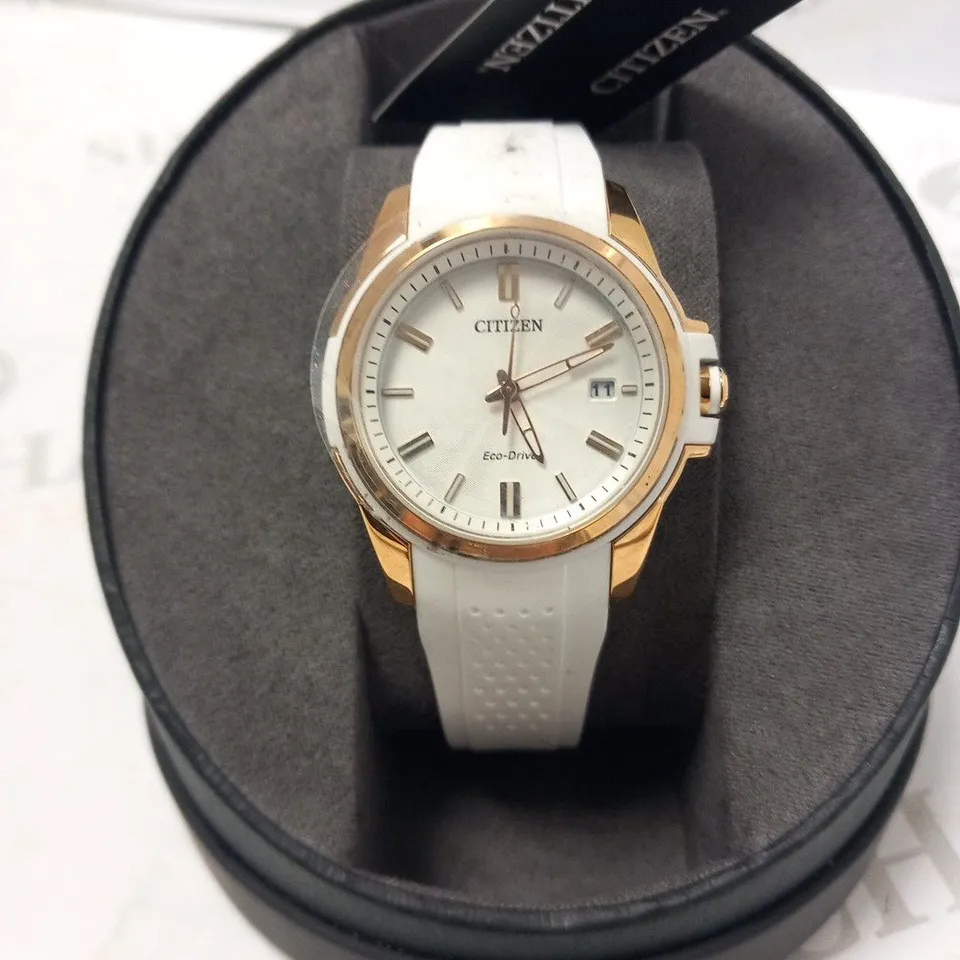 BOXED CITIZEN ECO DRIVE WHITE STRAP WRIST WATCH