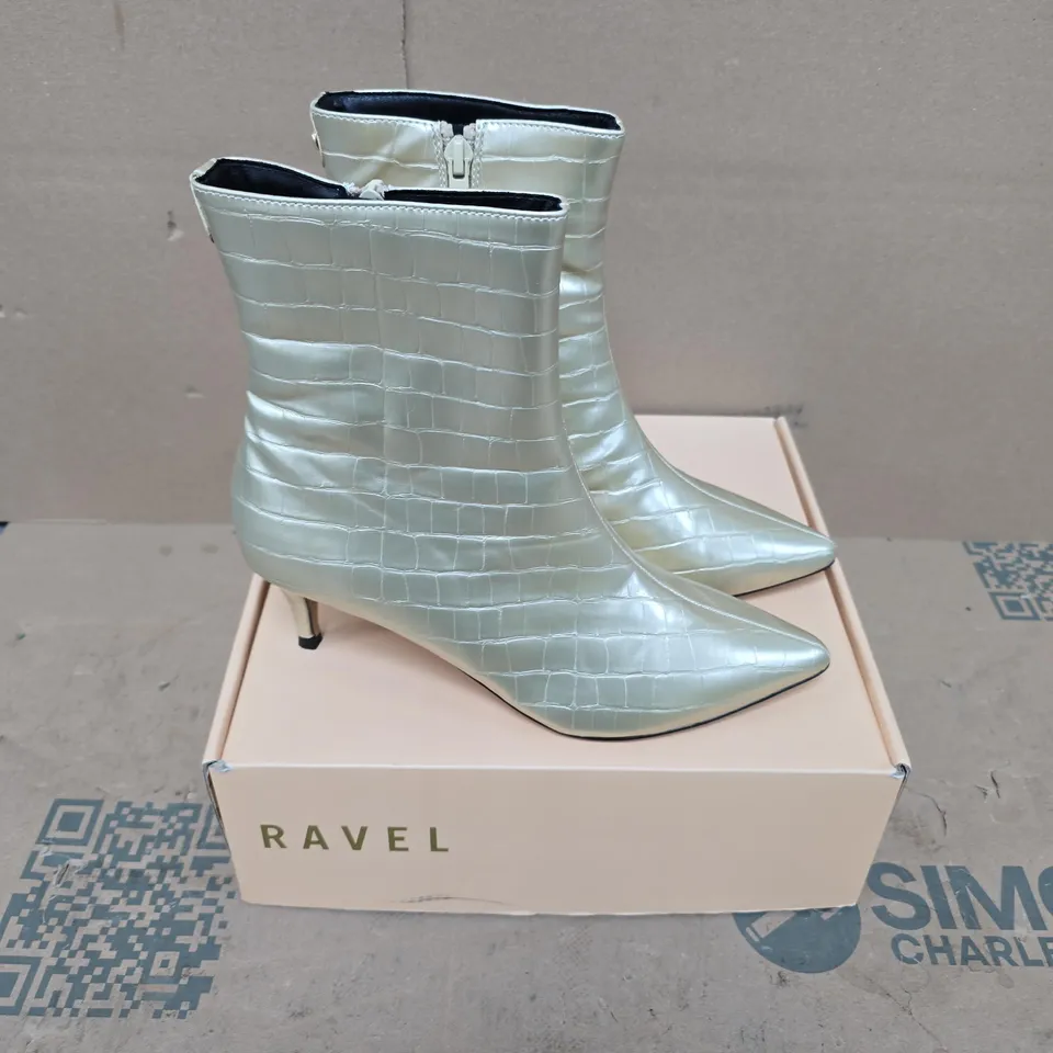 BOXED PAIR OF RAVEL CURRANS GOLD CROC BOOTS - UK 5