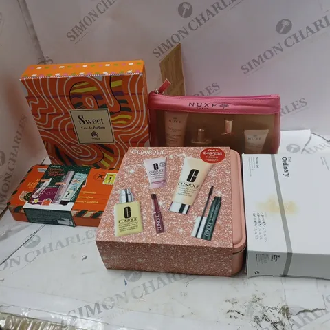 BOX OF APPROXIMATELY 5 ASSORTED BODYSPRAYS AND GIFT SETS TO INCLUDE NUXE,THE ORDINARY AND CLINIQUE
