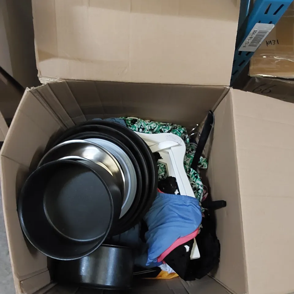 BOX OF ASSORTED PANS AND CLOTHING ITEMS 