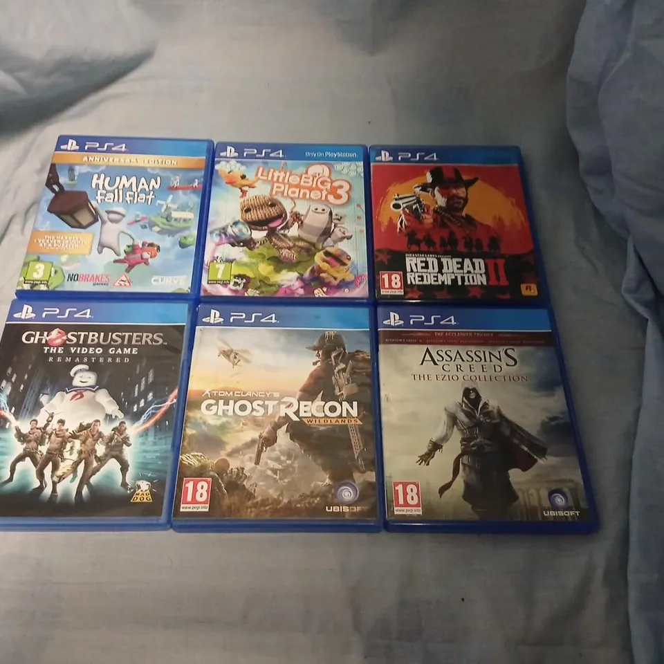 PLAYSTATION 4 GAME COLLECTION – 6 TITLES (HUMAN FALL FLAT, LITTLEBIGPLANET 3, RED DEAD REDEMPTION II, GHOSTBUSTERS: THE VIDEO GAME REMASTERED, TOM CLANCY'S GHOST RECON WILDLANDS, ASSASSIN'S CREED: THE