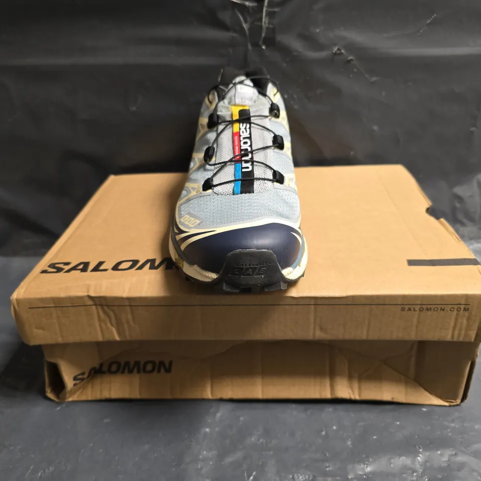 BOXED PAIR OF SALOMON XT-6 TRAINERS IN LIGHT BLUE/MULTI SIZE UK 6.5