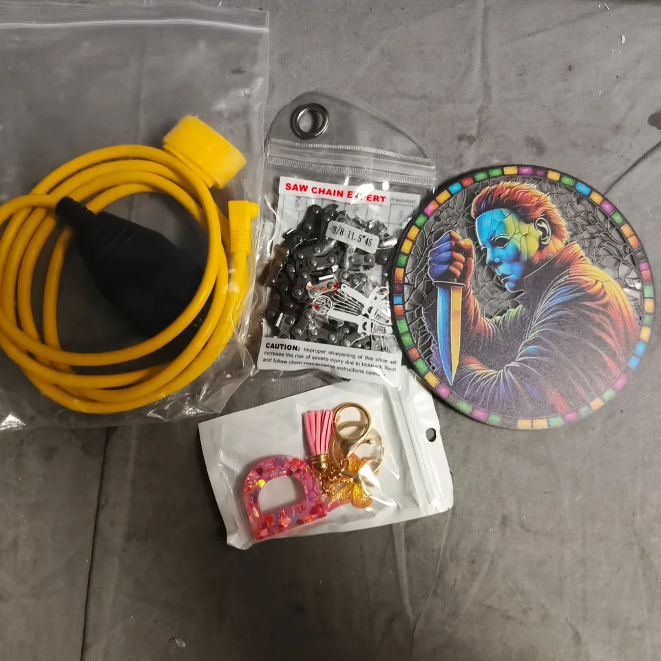 APPROXIMATELY 10 ASSORTED HOUSEHOLD ITEMS TO INCLUDE SAW CHAIN, VARIOUS CABLES, ETC