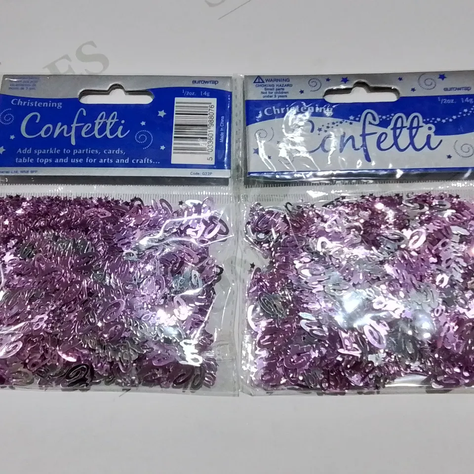 LOT OF 144 BRAND NEW 14G PACKS OF CHRISTENING CONFETTIIN PURPKE/SILVER - 12 PACKS CONTAINING 12 PIECES