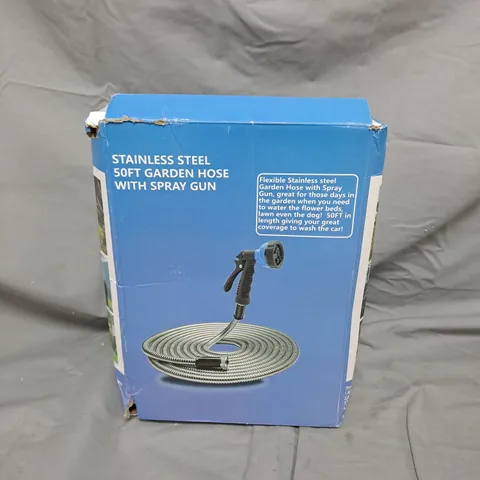 STAINLESS STEEL 50FT GARDEN HOSE WITH SPRAY GUN – BOXED