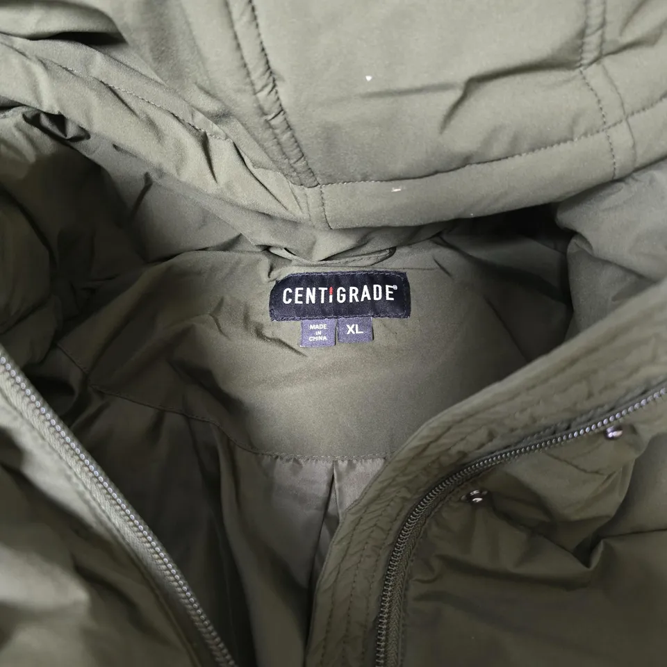CENTIGRADE OLIVE GREEN HOODED PUFFER JACKET, UK XL