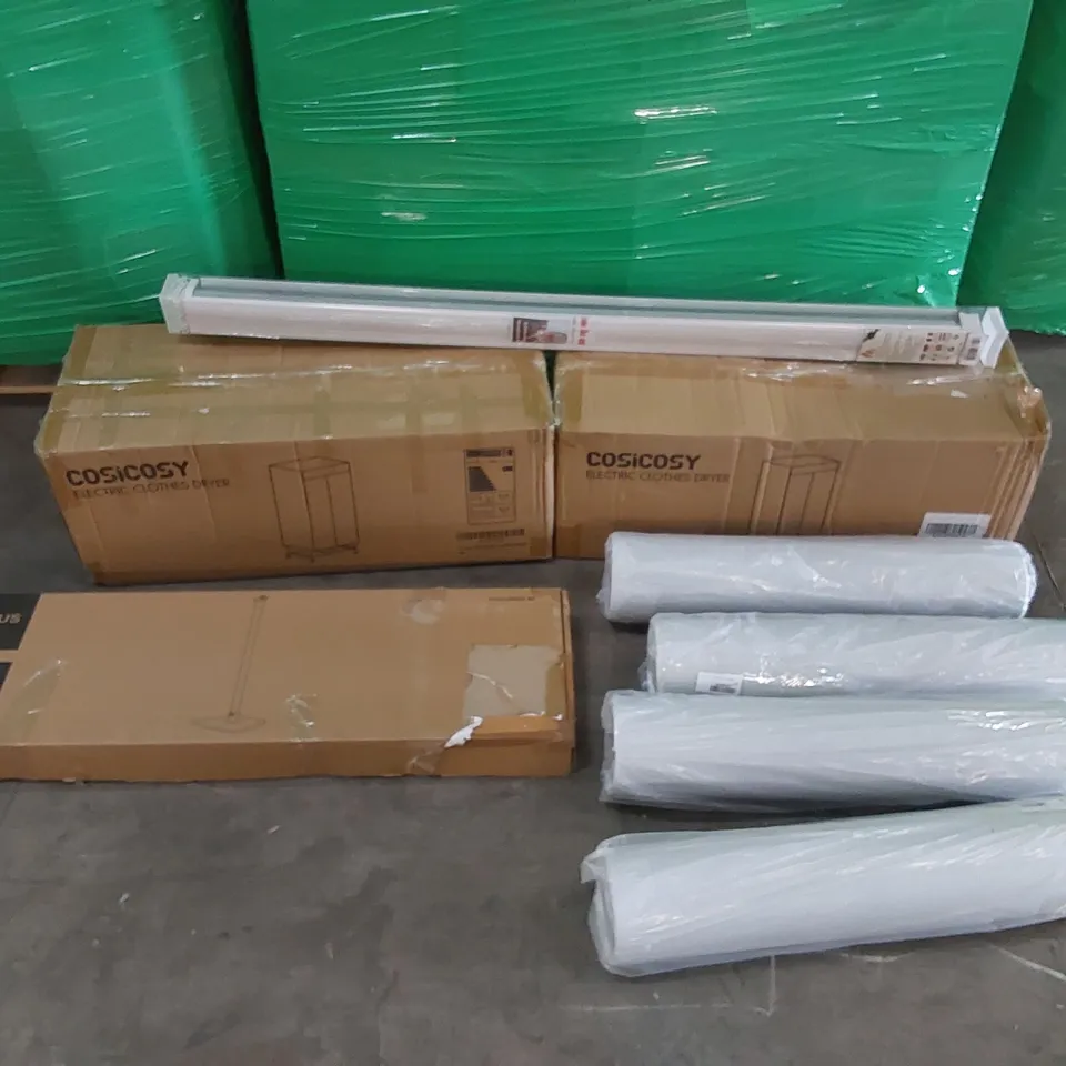 PALLET OF ASSORTED CONSUMER PRODUCTS TO INCLUDE: ELECTRIC CLOTHES DRYERS, WIRELESS SPEAKER STAND, ROLLER BLIND, PORTABLE AIR CONDITIONER PARTS ECT